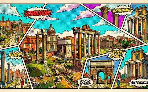 Pop-Art-Comicillustration des Wahrzeichens Forum Romanum in Rom Italien, kraeftige Konturen Rasterpunkte und satte Farben - Foto: THN