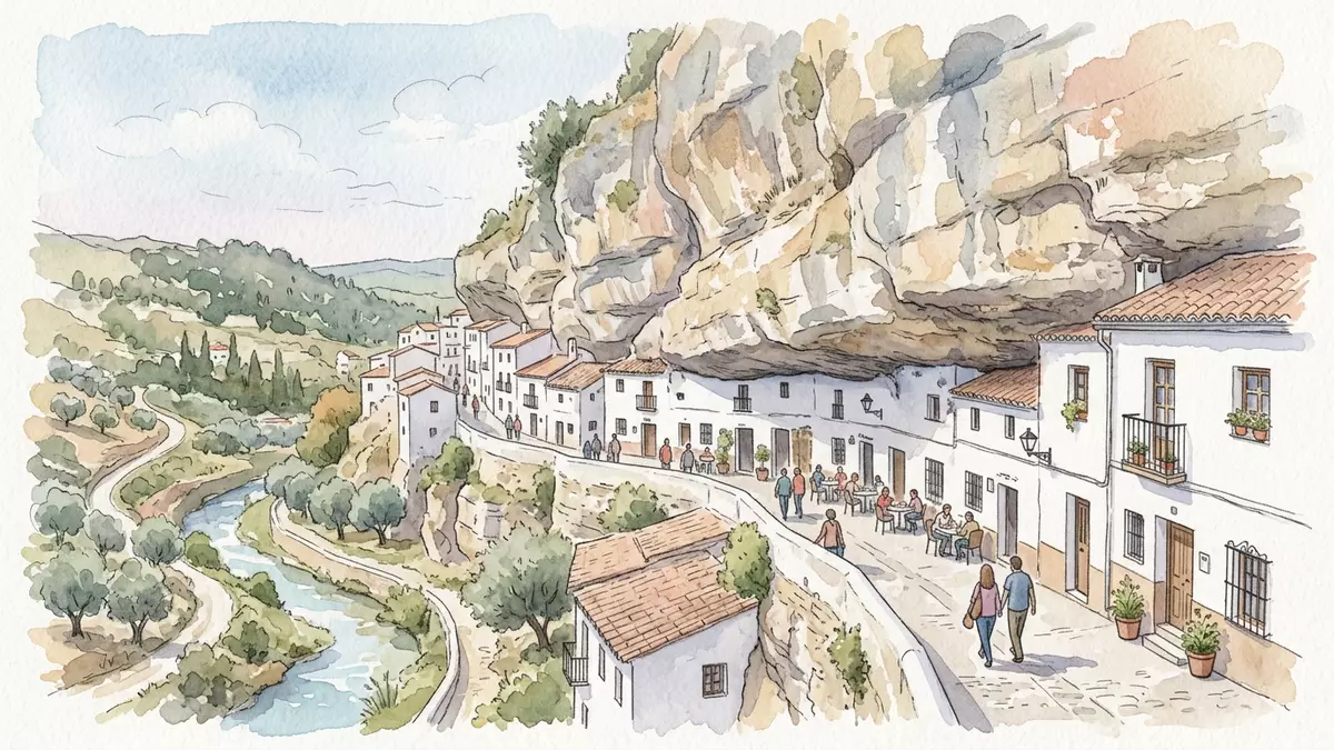 Aquarell-Illustration von Setenil de las Bodegas in Setenil, Spanien als Reiseposter
