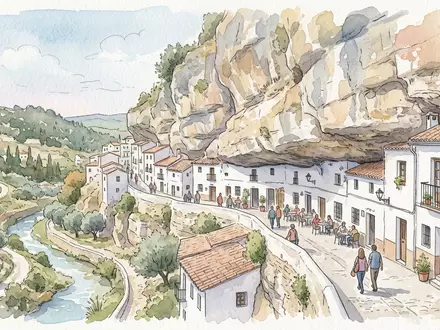 Aquarellillustration des Wahrzeichens Setenil de las Bodegas in Setenil Spanien, weiche Farbverläufe und pastelliges Reiseposter-Feeling - Foto: THN