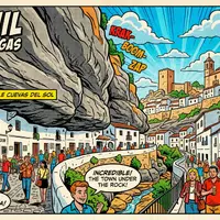 Pop-Art-Comicillustration des Wahrzeichens Setenil de las Bodegas in Setenil Spanien, kraeftige Konturen Rasterpunkte und satte - Foto: THN