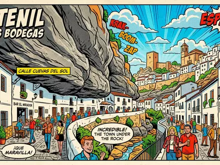Pop-Art-Comicillustration des Wahrzeichens Setenil de las Bodegas in Setenil Spanien, kraeftige Konturen Rasterpunkte und satte - Foto: THN