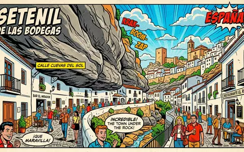 Pop-Art-Comicillustration des Wahrzeichens Setenil de las Bodegas in Setenil Spanien, kraeftige Konturen Rasterpunkte und satte - Foto: THN