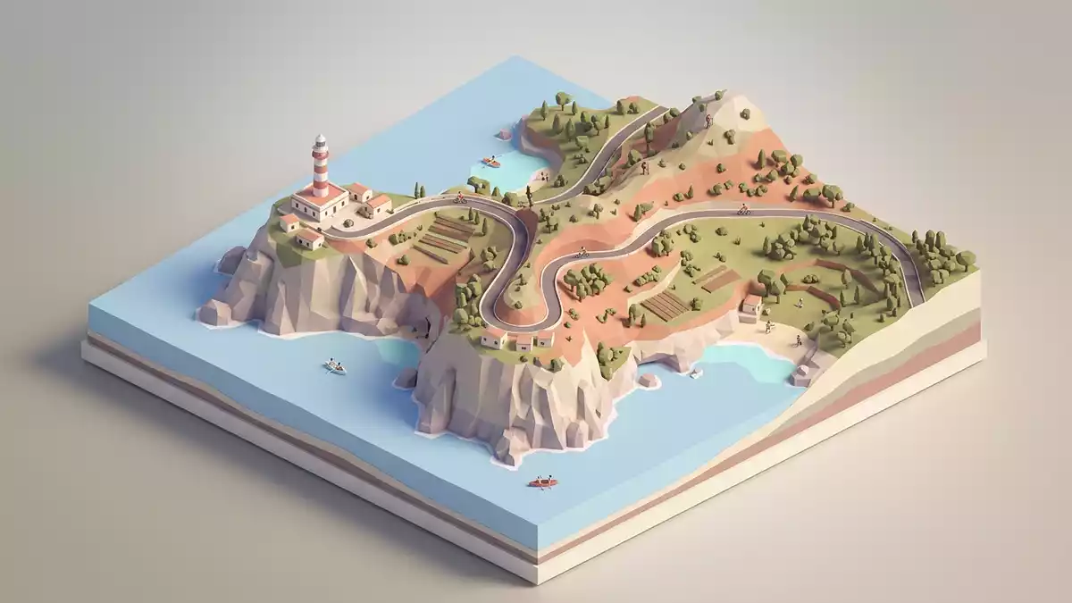 Isometrisches Diorama von Cabo de Formentor in Mallorca, Spanien in Pastell