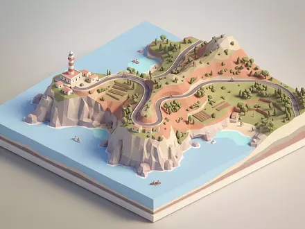 Isometrisches Diorama von Cabo de Formentor und Umgebung in Mallorca Spanien, verspielte Low-Poly-Kulisse in Pastellfarben - Foto: THN