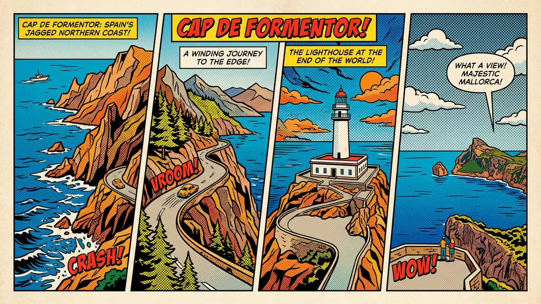 Pop-Art-Comic von Cabo de Formentor in Mallorca, Spanien mit Rasterpunkten
