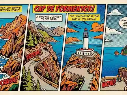 Pop-Art-Comicillustration des Wahrzeichens Cabo de Formentor in Mallorca Spanien, kraeftige Konturen Rasterpunkte und satte Farben - Foto: THN