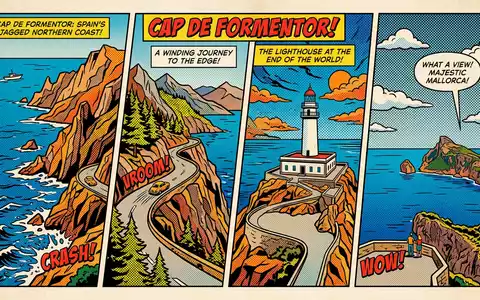 Pop-Art-Comicillustration des Wahrzeichens Cabo de Formentor in Mallorca Spanien, kraeftige Konturen Rasterpunkte und satte Farben - Foto: THN