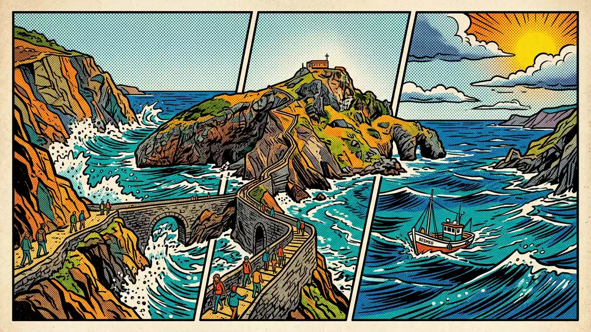 Pop-Art-Comic von Gaztelugatxe in Bermeo, Spanien mit Rasterpunkten