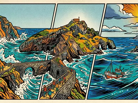 Pop-Art-Comicillustration des Wahrzeichens Gaztelugatxe in Bermeo Spanien, kraeftige Konturen Rasterpunkte und satte Farben - Foto: THN
