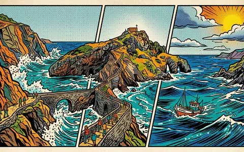 Pop-Art-Comicillustration des Wahrzeichens Gaztelugatxe in Bermeo Spanien, kraeftige Konturen Rasterpunkte und satte Farben - Foto: THN