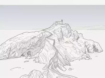 Moderner Architektur-Render zeigt Silhouette von Gaztelugatxe in Bermeo Spanien, klare Linien und neutrales Tageslicht - Foto: THN
