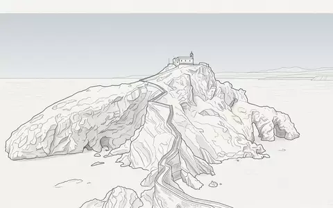 Moderner Architektur-Render zeigt Silhouette von Gaztelugatxe in Bermeo Spanien, klare Linien und neutrales Tageslicht - Foto: THN