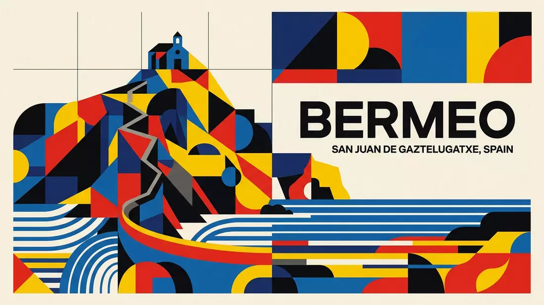 Bauhaus-Poster als Abstraktion von Gaztelugatxe in Bermeo, Spanien