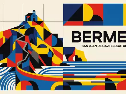 Bauhaus-Poster als geometrische Abstraktion von Gaztelugatxe in Bermeo Spanien, kraeftige Grundfarben und harte Formkanten - Foto: THN