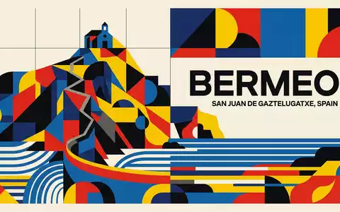 Bauhaus-Poster als geometrische Abstraktion von Gaztelugatxe in Bermeo Spanien, kraeftige Grundfarben und harte Formkanten - Foto: THN