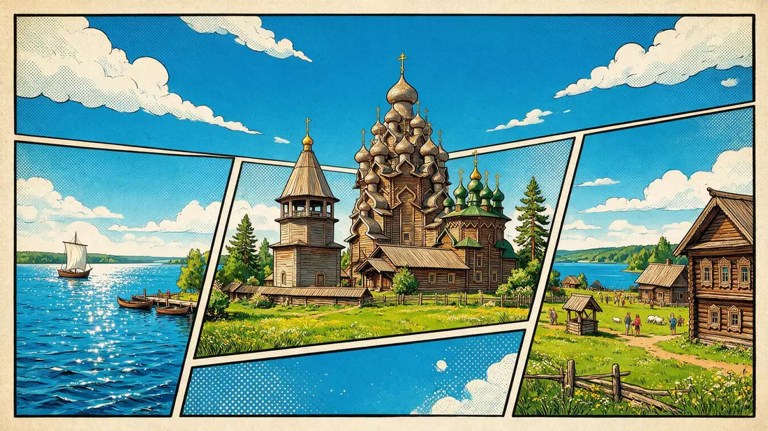 Pop-Art-Comic von Kizhi Pogost in Kischi, Russland mit Rasterpunkten