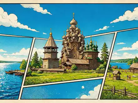 Pop-Art-Comicillustration des Wahrzeichens Kizhi Pogost in Kischi Russland, kraeftige Konturen Rasterpunkte und satte Farben - Foto: THN