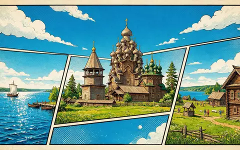 Pop-Art-Comicillustration des Wahrzeichens Kizhi Pogost in Kischi Russland, kraeftige Konturen Rasterpunkte und satte Farben - Foto: THN