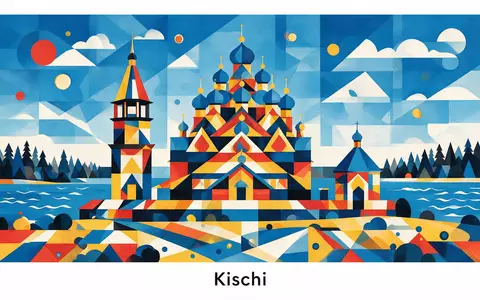 Bauhaus-Poster als geometrische Abstraktion von Kizhi Pogost in Kischi Russland, kraeftige Grundfarben und harte Formkanten - Foto: THN
