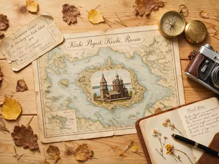 Flatlay-Reise-Arrangement rund um Kizhi Pogost in Kischi Russland, Karte Kompass Kamera und generische Reiserequisiten - Foto: THN