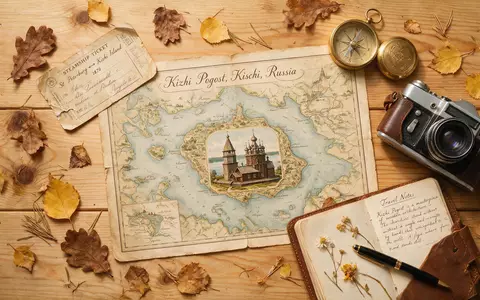 Flatlay-Reise-Arrangement rund um Kizhi Pogost in Kischi Russland, Karte Kompass Kamera und generische Reiserequisiten - Foto: THN