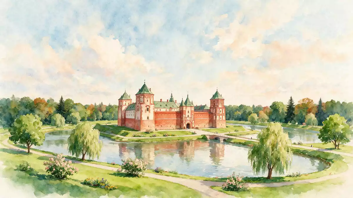 Aquarell-Illustration von Schloss Mir in Mir, Belarus als Reiseposter