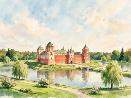 Aquarellillustration des Wahrzeichens Schloss Mir in Mir Belarus, weiche Farbverläufe und pastelliges Reiseposter-Feeling - Foto: THN