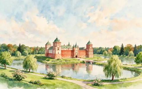 Aquarellillustration des Wahrzeichens Schloss Mir in Mir Belarus, weiche Farbverläufe und pastelliges Reiseposter-Feeling - Foto: THN