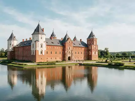 Editorialbild im Reisemagazin-Stil vom Wahrzeichen Schloss Mir in Mir Belarus, ausgewogene Bildgestaltung und natuerliches Umgebungslicht - Foto: THN