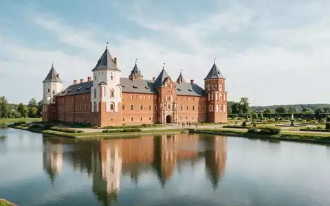 Editorialbild im Reisemagazin-Stil vom Wahrzeichen Schloss Mir in Mir Belarus, ausgewogene Bildgestaltung und natuerliches Umgebungslicht - Foto: THN
