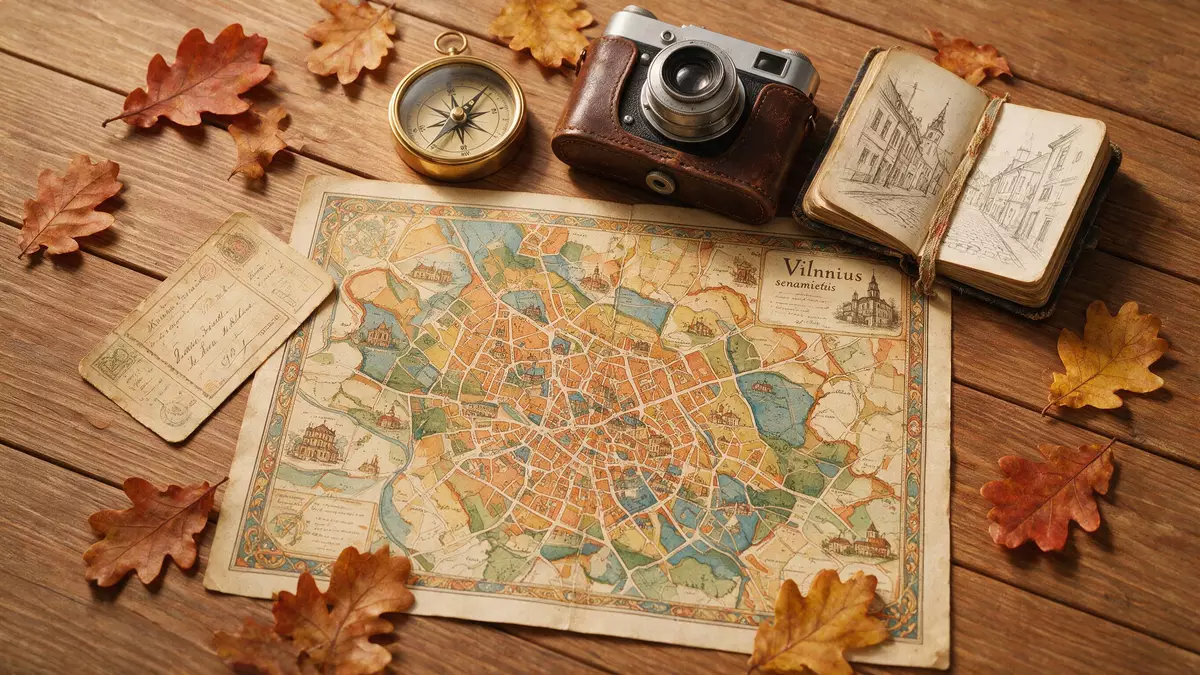 Flatlay-Reise-Arrangement rund um Altstadt Vilnius in Vilnius, Litauen