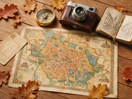 Flatlay-Reise-Arrangement rund um Altstadt Vilnius in Vilnius Litauen, Karte Kompass Kamera und generische Reiserequisiten - Foto: THN