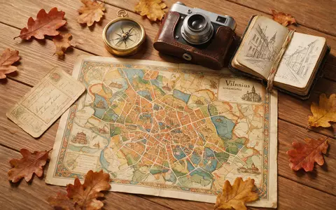 Flatlay-Reise-Arrangement rund um Altstadt Vilnius in Vilnius Litauen, Karte Kompass Kamera und generische Reiserequisiten - Foto: THN