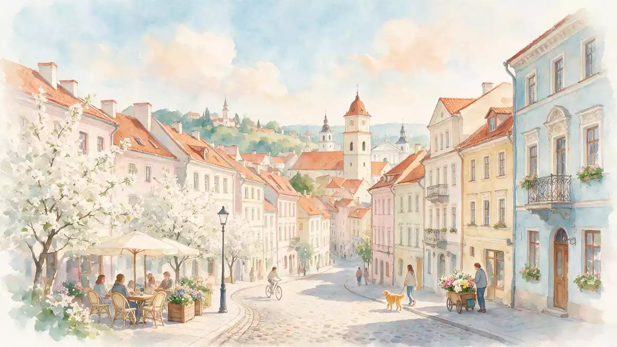 Aquarell-Illustration von Altstadt Vilnius in Vilnius, Litauen als Reiseposter