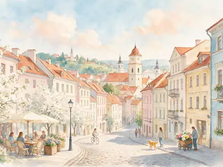 Aquarellillustration des Wahrzeichens Altstadt Vilnius in Vilnius Litauen, weiche Farbverläufe und pastelliges Reiseposter-Feeling - Foto: THN