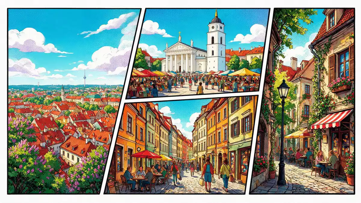 Pop-Art-Comic von Altstadt Vilnius in Vilnius, Litauen mit Rasterpunkten