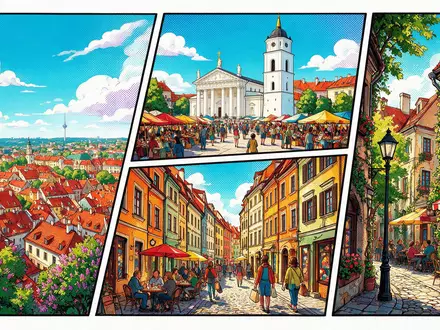 Pop-Art-Comicillustration des Wahrzeichens Altstadt Vilnius in Vilnius Litauen, kraeftige Konturen Rasterpunkte und satte Farben - Foto: THN