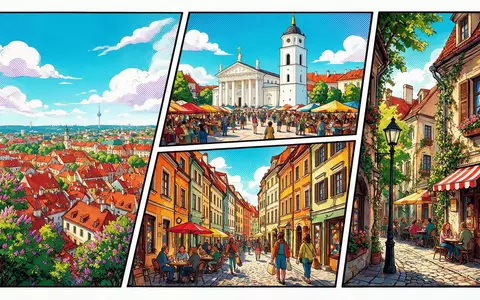 Pop-Art-Comicillustration des Wahrzeichens Altstadt Vilnius in Vilnius Litauen, kraeftige Konturen Rasterpunkte und satte Farben - Foto: THN