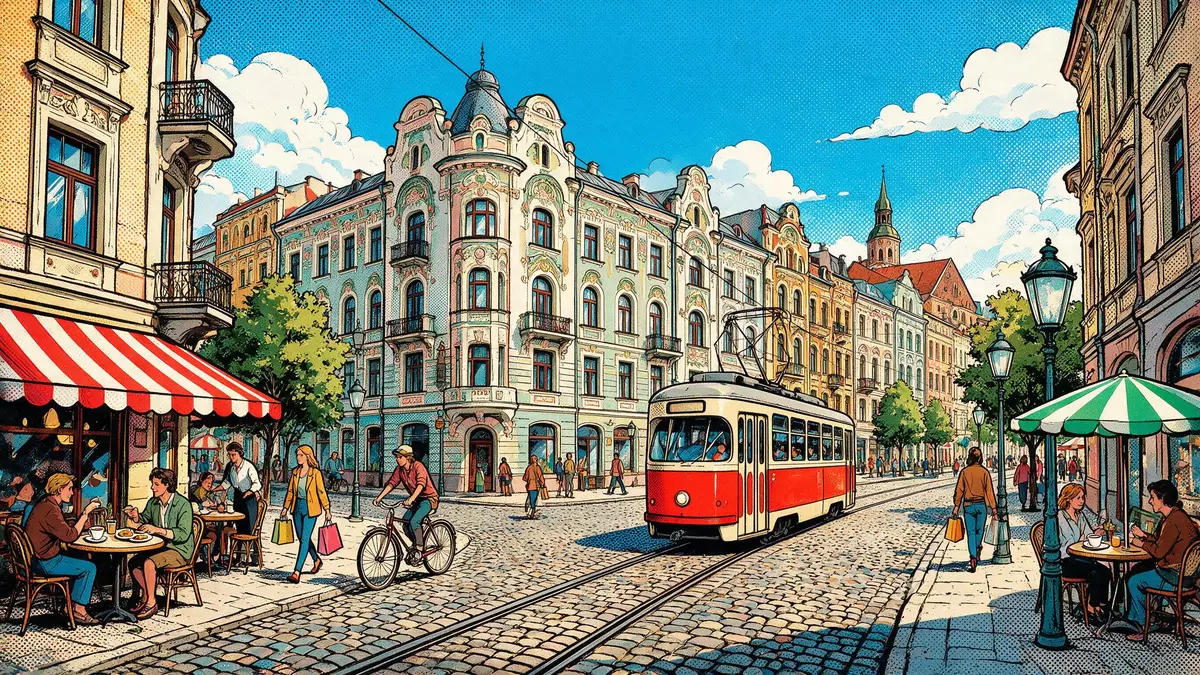 Pop-Art-Comic von Jugendstilviertel Riga in Riga, Lettland mit Rasterpunkten