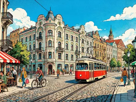 Pop-Art-Comicillustration des Wahrzeichens Jugendstilviertel Riga in Riga Lettland, kraeftige Konturen Rasterpunkte und satte Farben - Foto: THN
