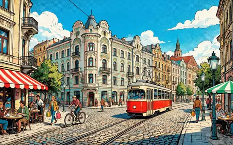 Pop-Art-Comicillustration des Wahrzeichens Jugendstilviertel Riga in Riga Lettland, kraeftige Konturen Rasterpunkte und satte Farben - Foto: THN