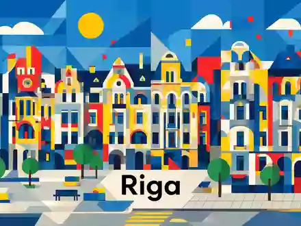 Bauhaus-Poster als geometrische Abstraktion von Jugendstilviertel Riga in Riga Lettland, kraeftige Grundfarben und harte Formkanten - Foto: THN