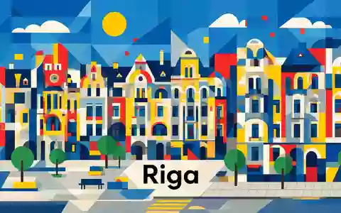 Bauhaus-Poster als geometrische Abstraktion von Jugendstilviertel Riga in Riga Lettland, kraeftige Grundfarben und harte Formkanten - Foto: THN
