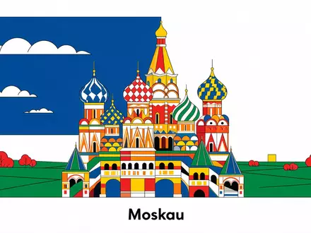Bauhaus-Poster als geometrische Abstraktion von Basilius-Kathedrale Moskau in Moskau Russland, kraeftige Grundfarben und harte Formkanten - Foto: THN