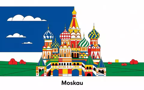 Bauhaus-Poster als geometrische Abstraktion von Basilius-Kathedrale Moskau in Moskau Russland, kraeftige Grundfarben und harte Formkanten - Foto: THN