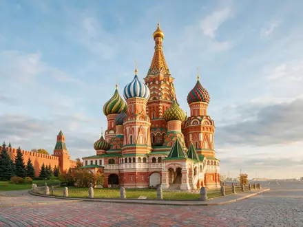 Editorialbild im Reisemagazin-Stil vom Wahrzeichen Basilius-Kathedrale Moskau in Moskau Russland, ausgewogene Bildgestaltung und natuerliches Umgebungslicht - Foto: THN
