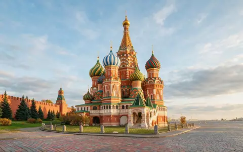 Editorialbild im Reisemagazin-Stil vom Wahrzeichen Basilius-Kathedrale Moskau in Moskau Russland, ausgewogene Bildgestaltung und natuerliches Umgebungslicht - Foto: THN