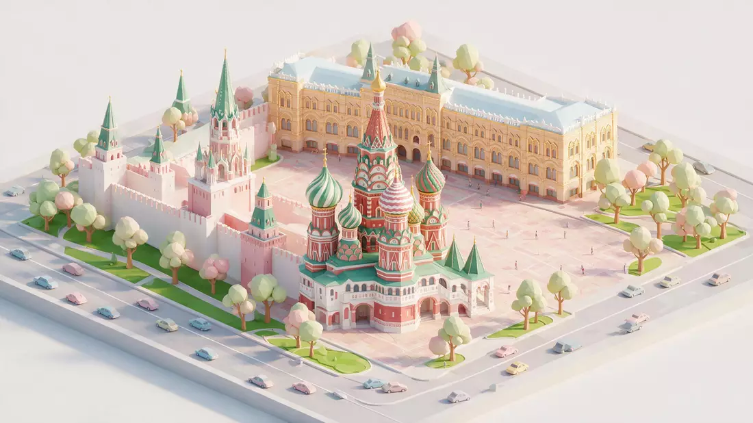 Isometrisches Diorama von Basilius-Kathedrale Moskau in Moskau, Russland in Pastell