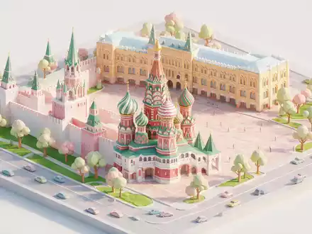 Isometrisches Diorama von Basilius-Kathedrale Moskau und Umgebung in Moskau Russland, verspielte Low-Poly-Kulisse in Pastellfarben - Foto: THN