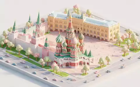 Isometrisches Diorama von Basilius-Kathedrale Moskau und Umgebung in Moskau Russland, verspielte Low-Poly-Kulisse in Pastellfarben - Foto: THN